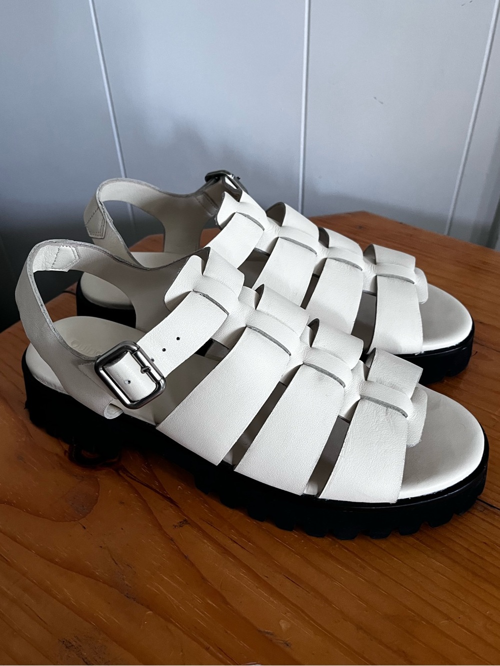 Quince Italian Leather Lug Sole Fisherman Sandal Bone Ivory White Buckle Comfy